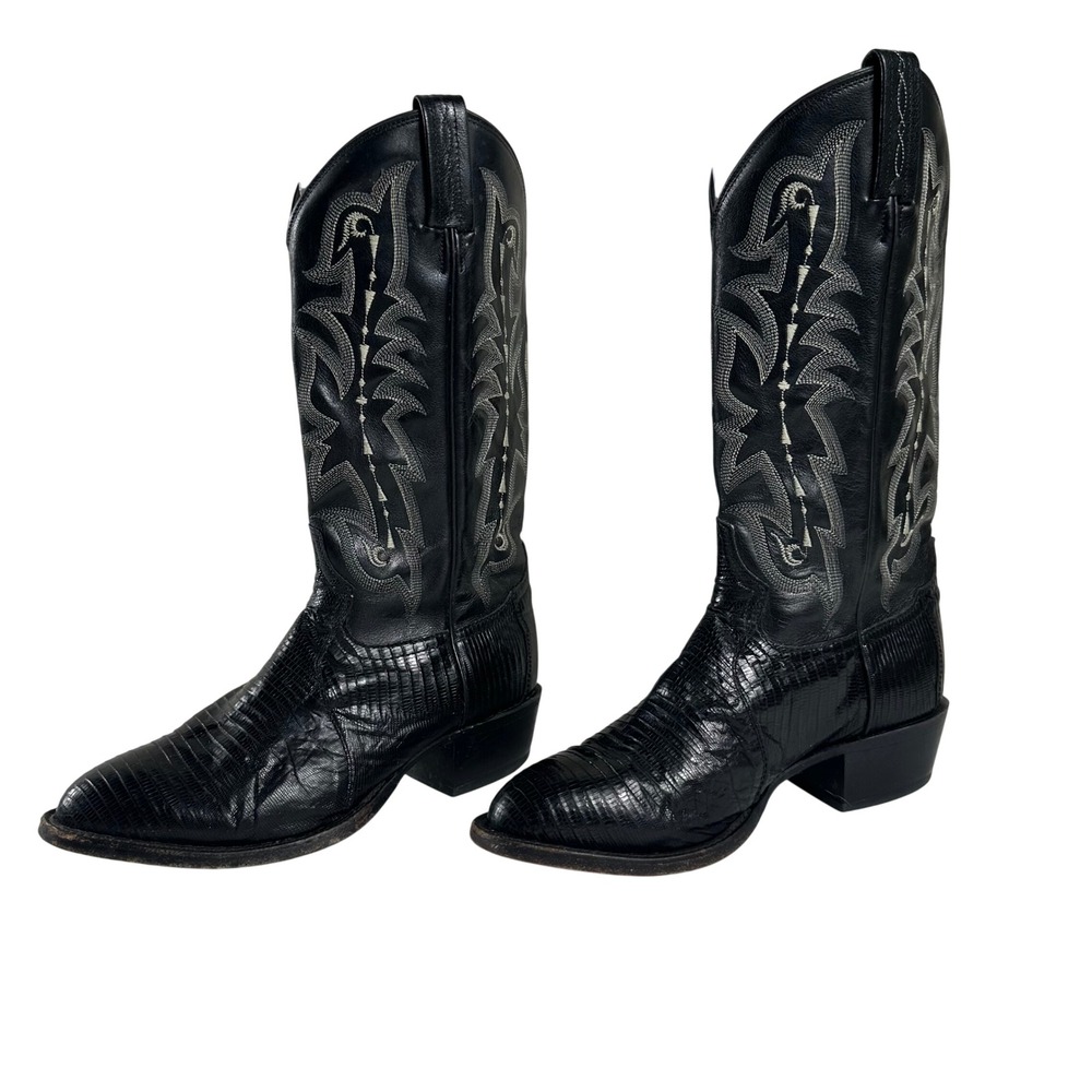 Vintage Tony Lama Cowboy Boots Mens 7.5D Black Lizard Skin Western Rockabilly CZ